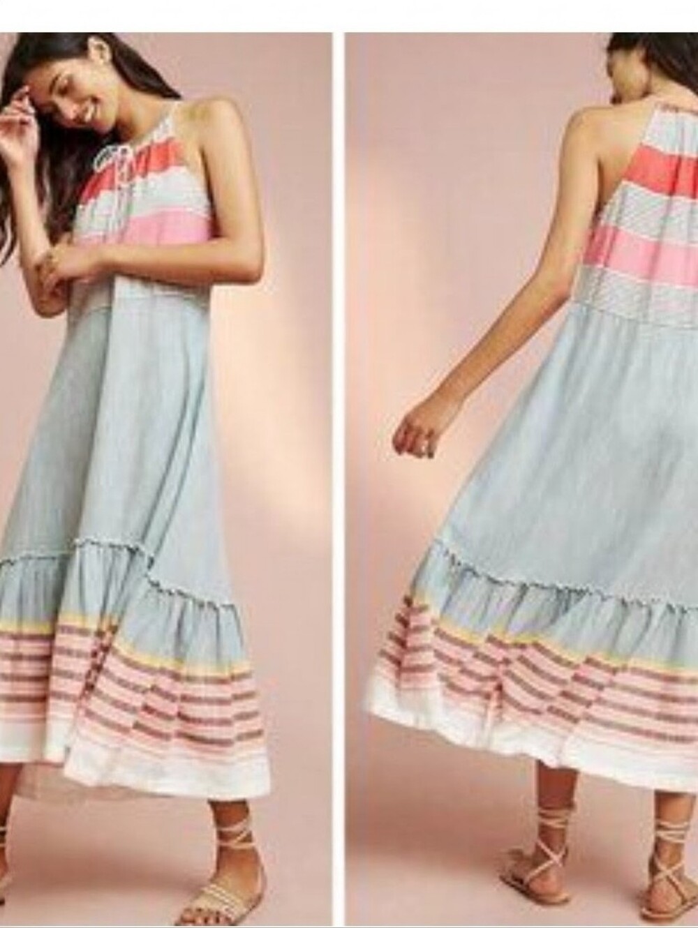 Lilka Pink & Light Blue Striped Halter Maxi Dress